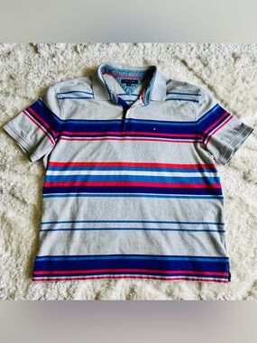 Tommy Hilfiger Light Gray Polo with Blue and Red Stripes